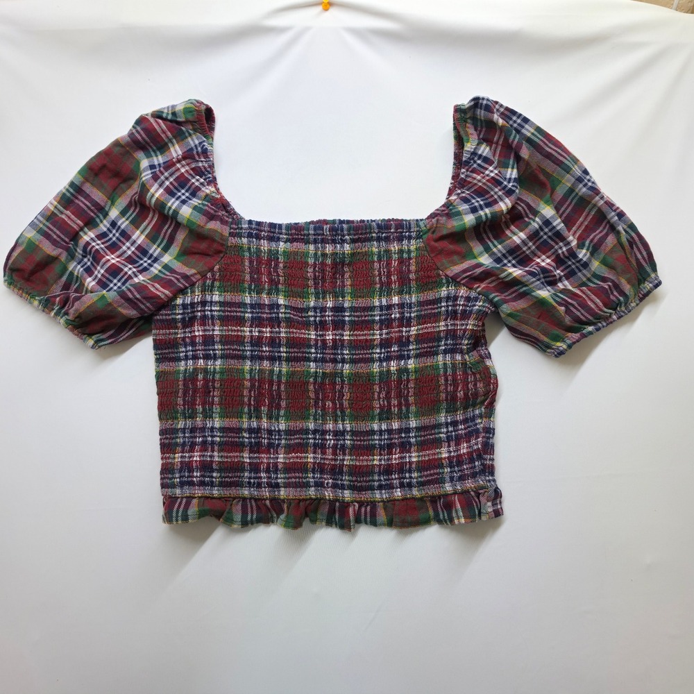 NWT American Eagle Plaid Smocked Crop Top L Puff Sleeve Square Neck NWT 035-2351